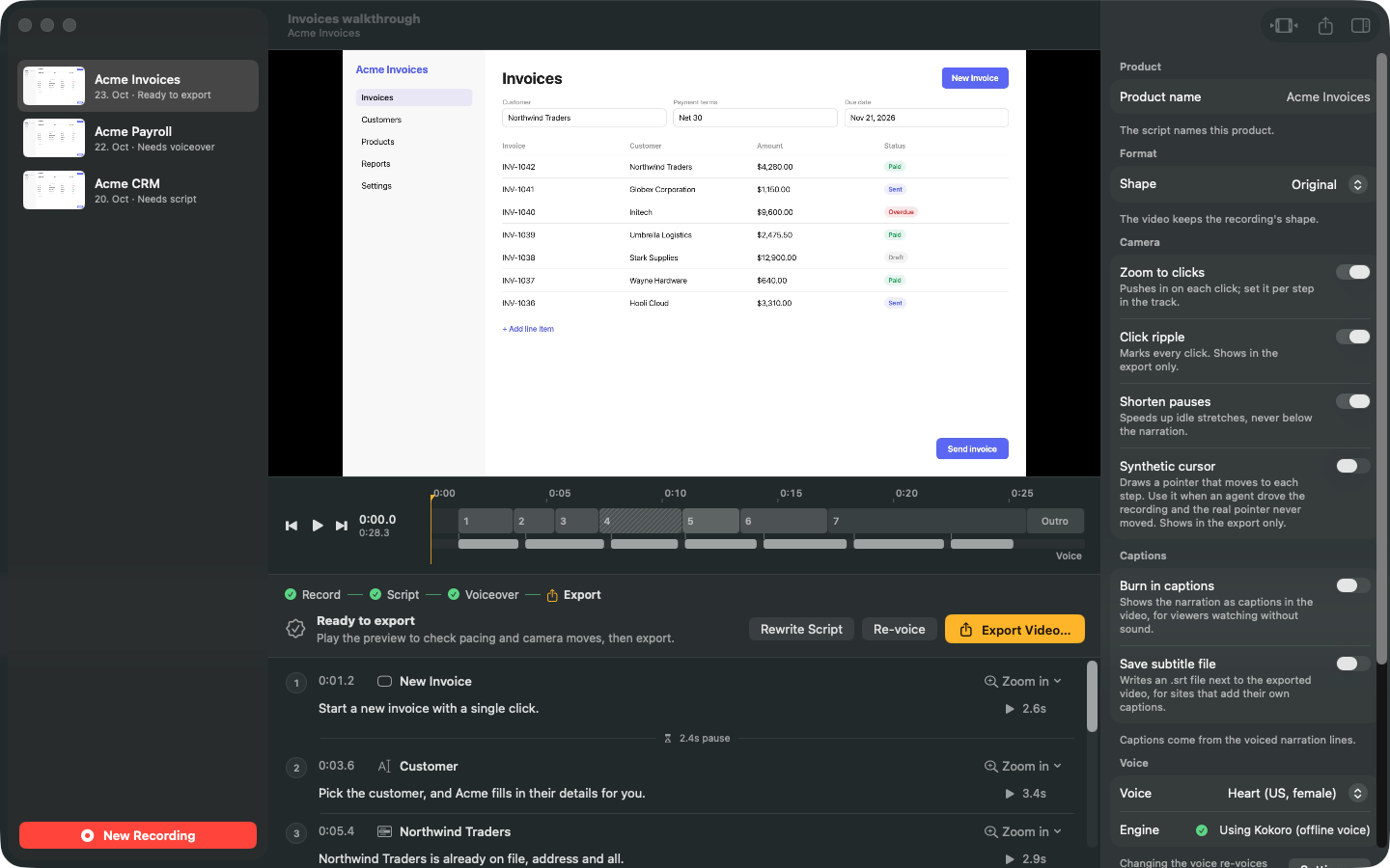 The Casthru workspace: a preview of the recorded demo, a timeline, and one row per click with its narration line and audio.